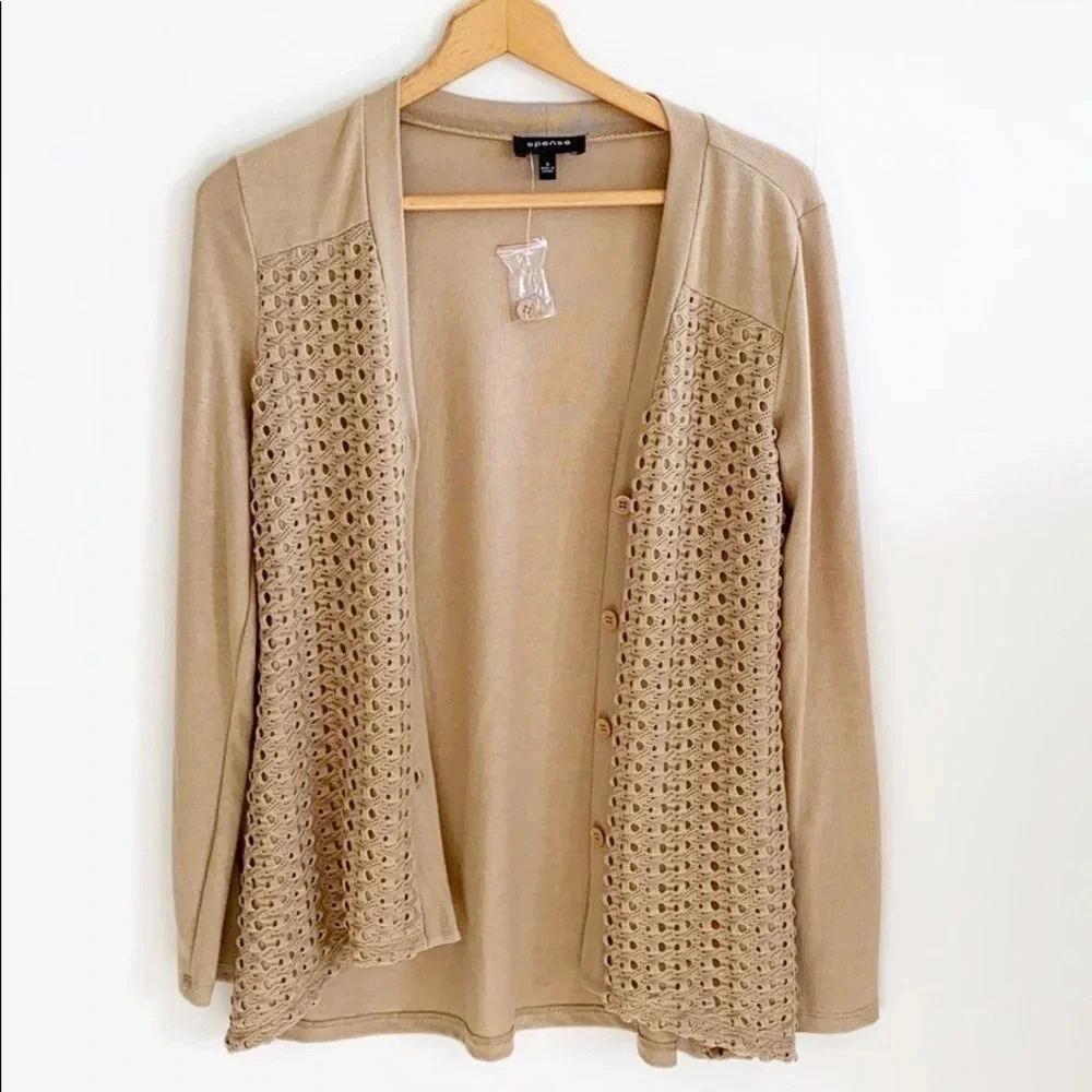 Spense Tan Crochet Detail crochet Cardigan size small NWOT